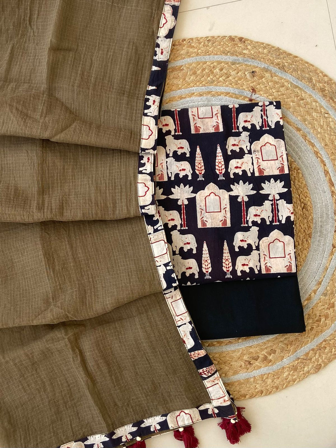 Pure Cotton Azrakh Print Unstitched Suit With  cotton Duppatta
