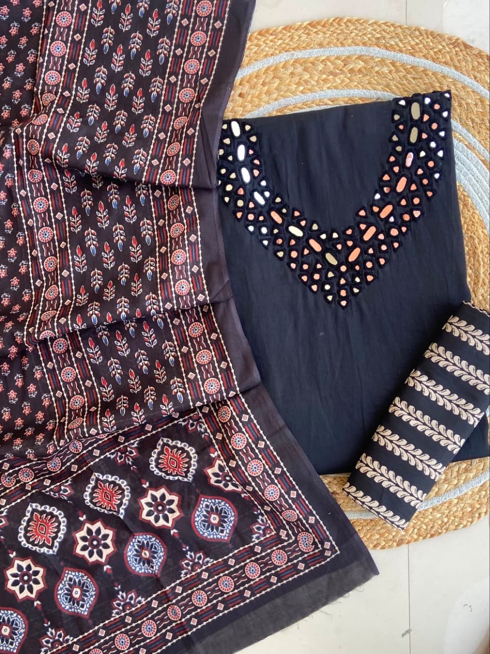 Pure Cotton Azrakh Print Unstitched Suit With heavy mirror work