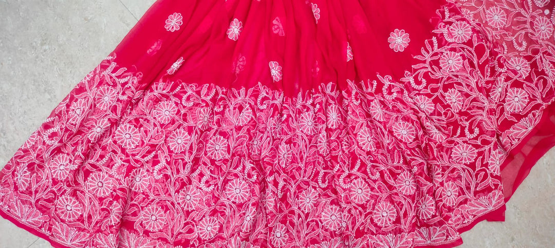 Pure Chiffon Georgette Chikankari Half Jaal Work Hand Embroidery Saree with Blouse