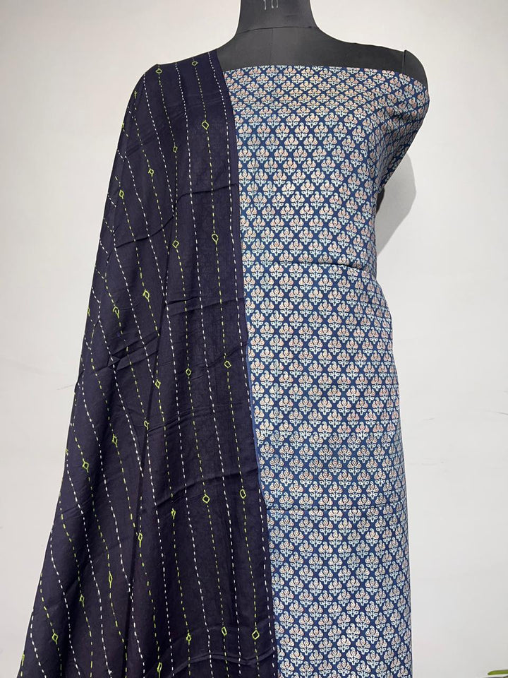 Pure Cotton Azrakh Print Unstitched suit With katha work Dupatta