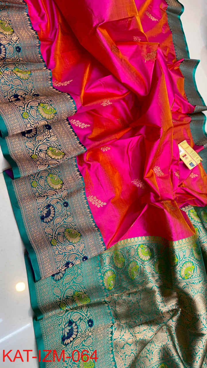 Pure Katan Silk Saree With Antique Zari Work Saree With Meena work.