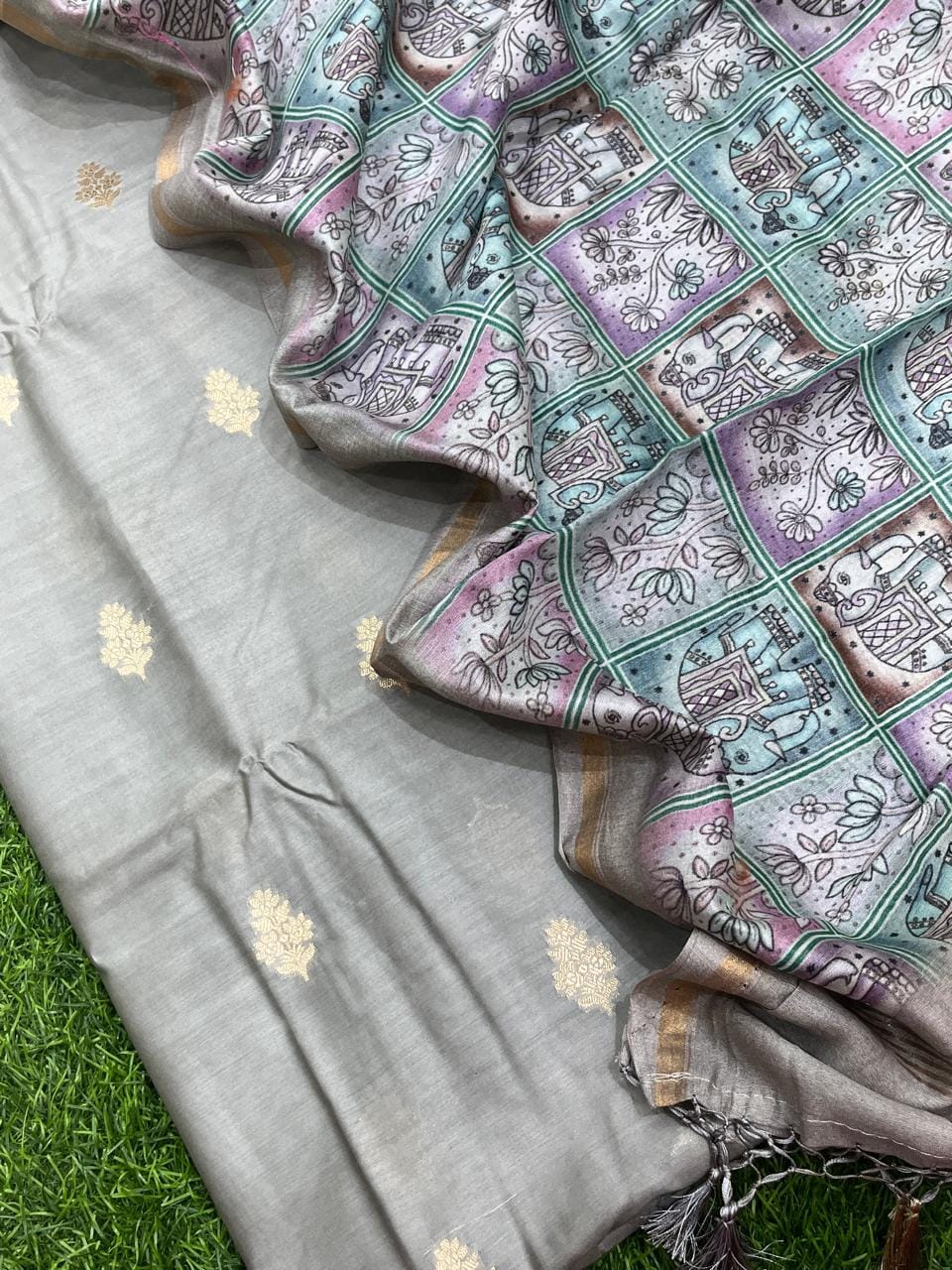 Pure Banarasi Chanderi Silk zari Boota Work Unstitched suit With Chanderi Digital Print dupatta