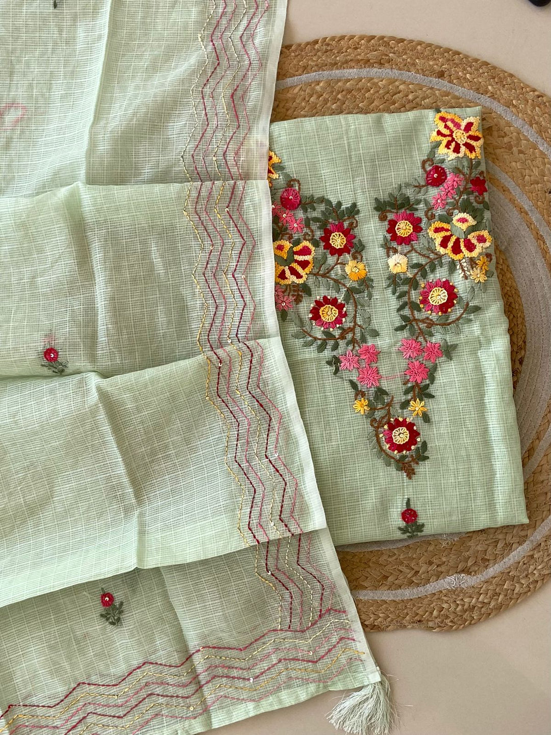 Pure Kota Doriya Silk Kurta And Dupatta With Neck Hand Work Emobroidery Unstitched Suit