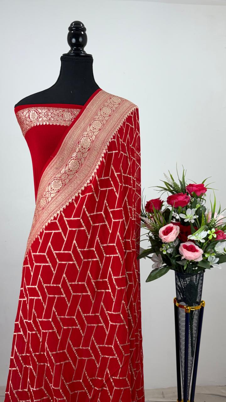 Pure Banarasi Handloom Khaddi Georgette Silk Water Zari Work Saree. | NEW EDITION