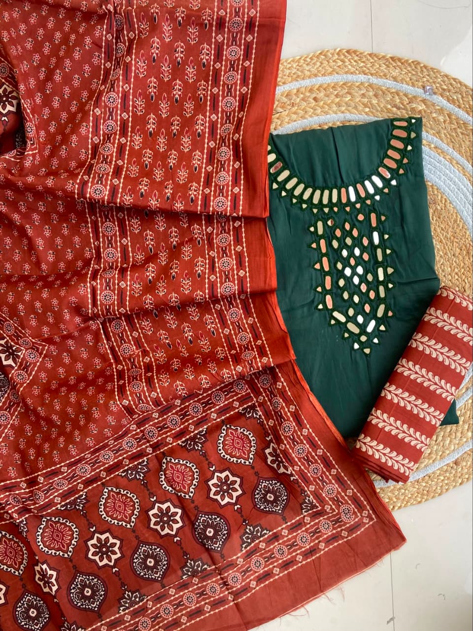 Pure Cotton Azrakh Print Unstitched Suit With heavy mirror work