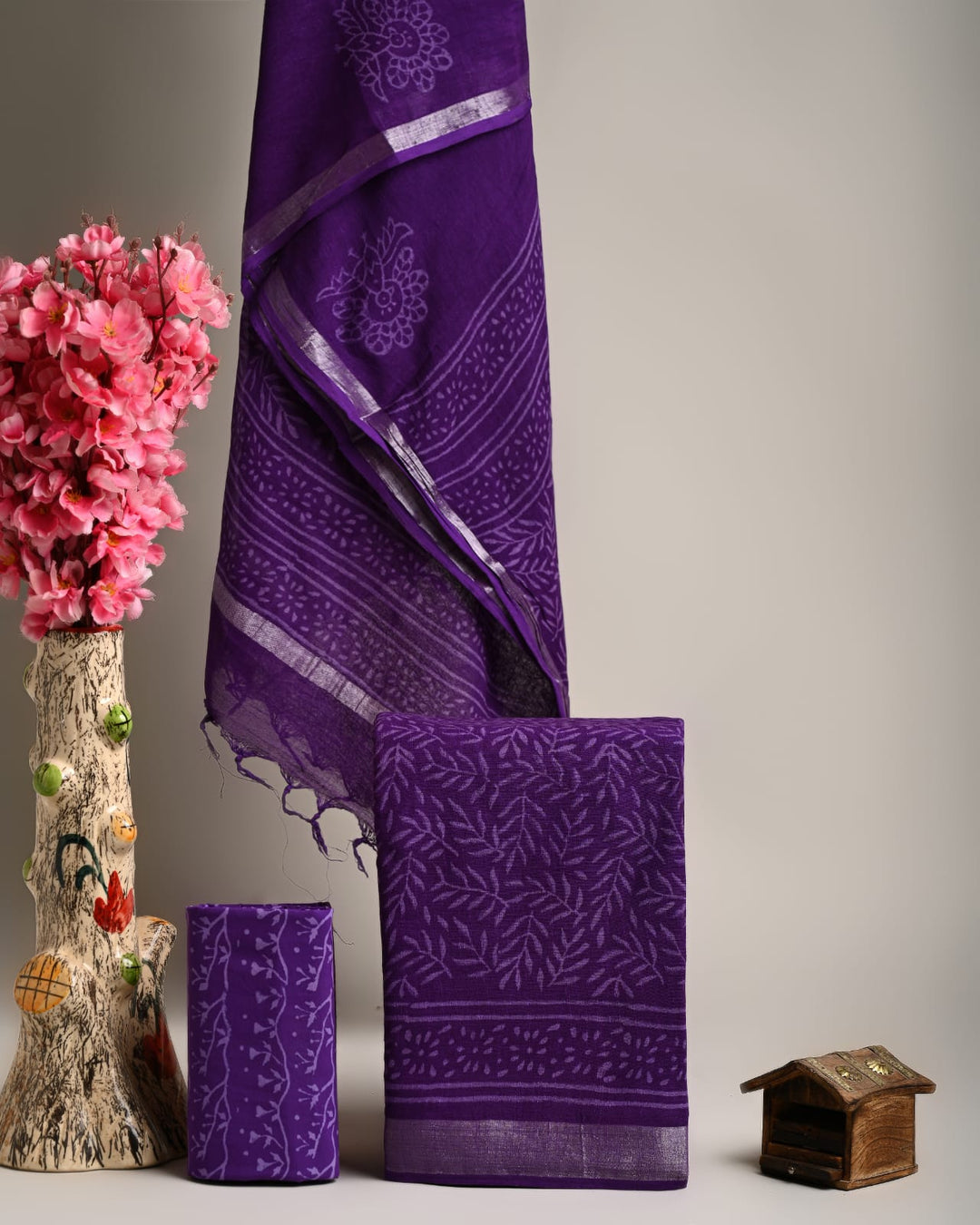 Hand Block Printed Linen Unstitched Suit .