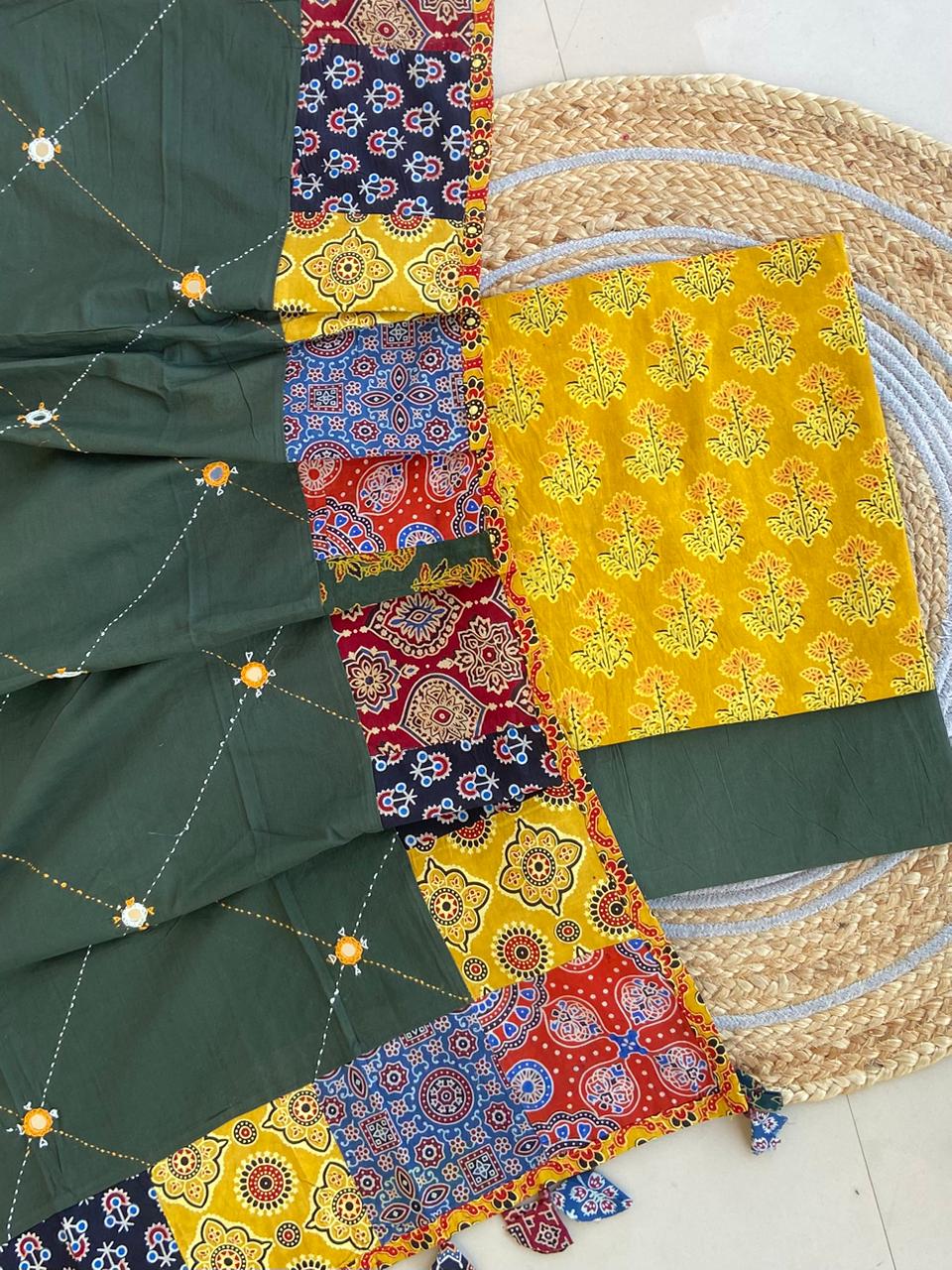Pure Cotton Azrakh Print Unstitched Suit With Patch Work Dupatta