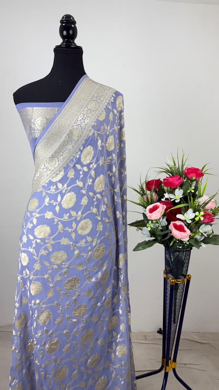 Pure Banarasi Handloom Khaddi Georgette Silk Water Zari Work Saree. | NEW EDITION
