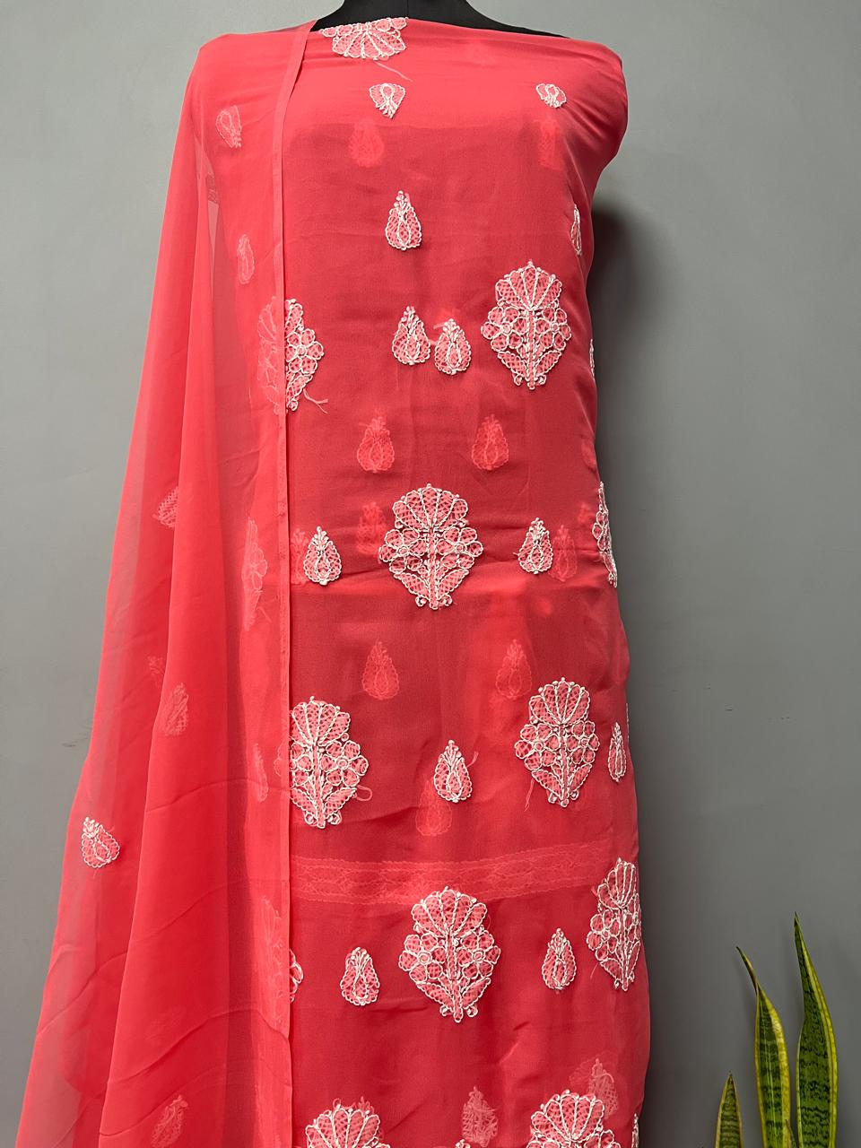 Pure Chiffon Georgette Chikankari Hand Embroidery Unstitched Suit