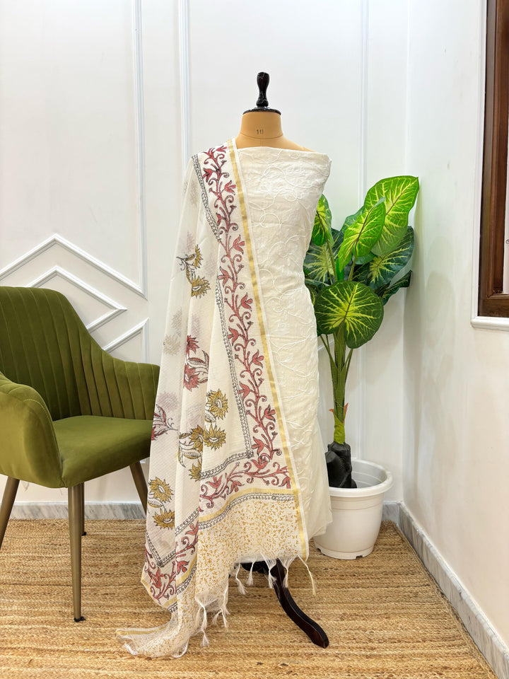 Banarasi Kota Embroidery Unstitched Suit With Kota Hand Block Print Dupatta.