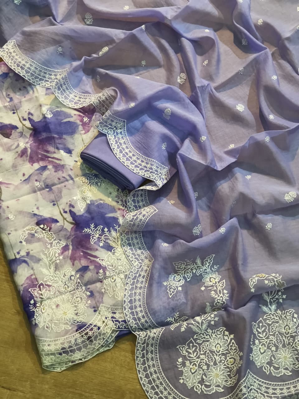Pure Mulmul Silk Embroidery Print Unstitched Suit  with Mulmul Silk Dupatta