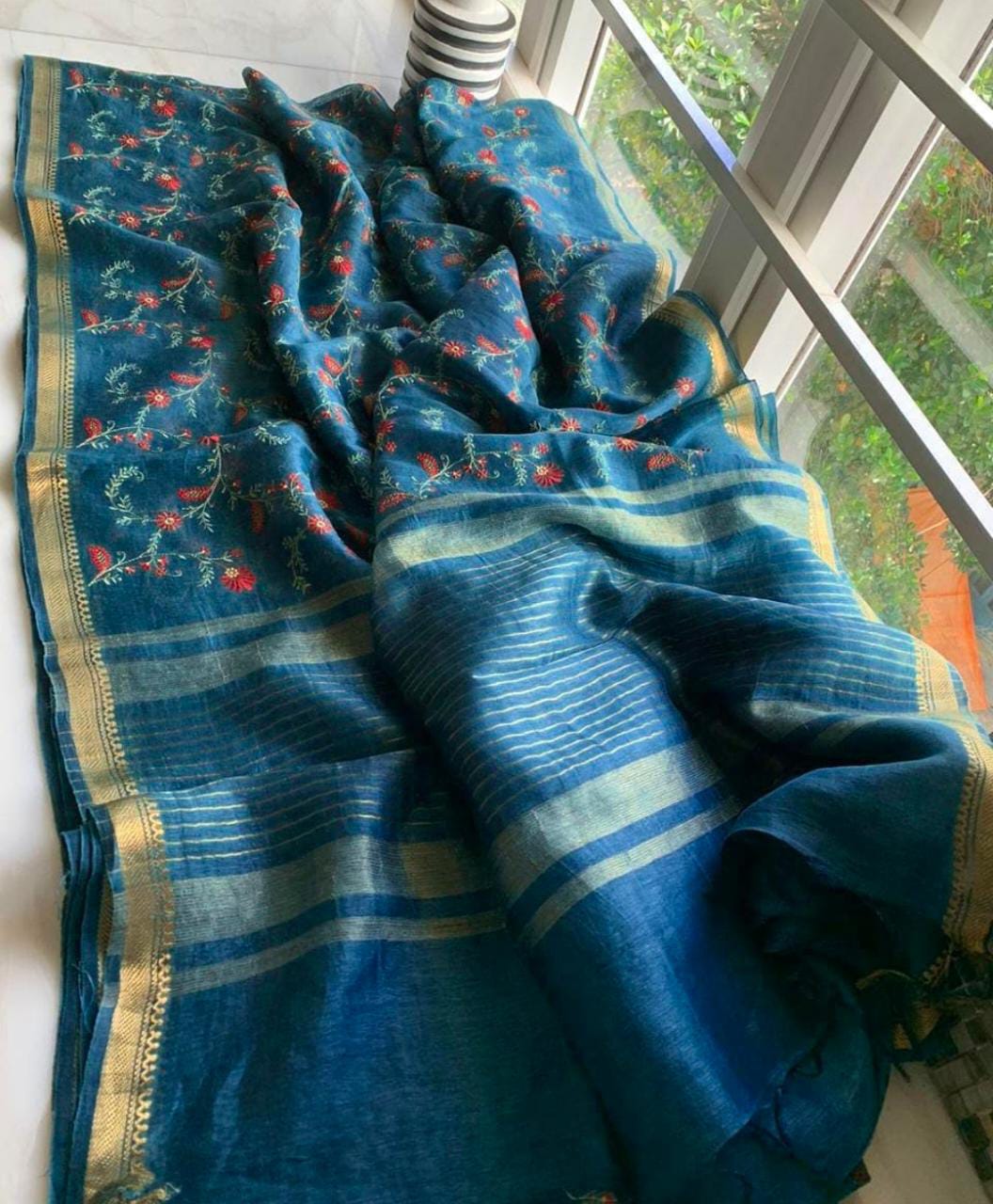 Pure Silk Linen By Linen Saree with Embroidery Work.( length- 6.3 meter )