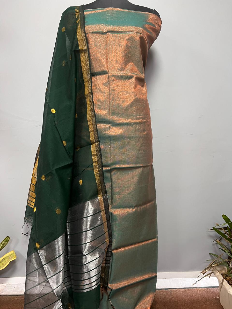 Pure Maheshwari Silk Hand Loom Unstitched Suit.(2pc Set)