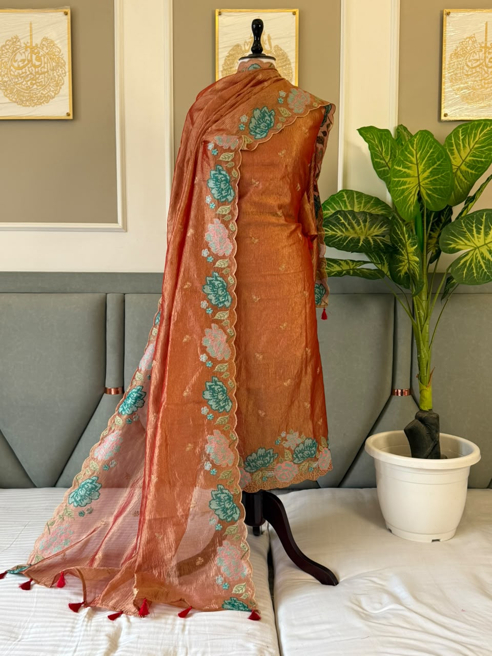 Exclusive Banarasi Tissue Crush Multi Thread Embroidery Suit Set With Dupatta