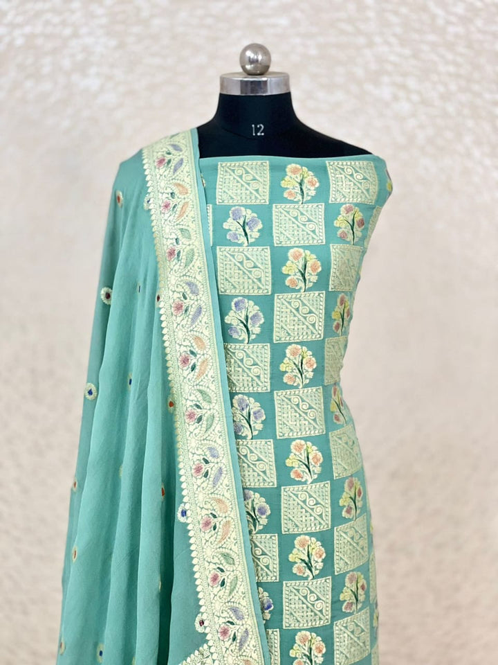Pure Khhadi Chiffon Georgette Water Zari Work Unstitched Suit With khhadi Georgette Dupatta.