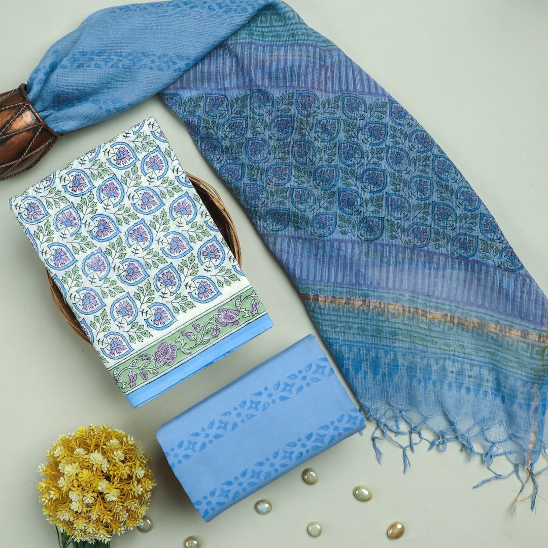 Pure Cotton Hand block print Unstitched Suit with Kota Dupatta .