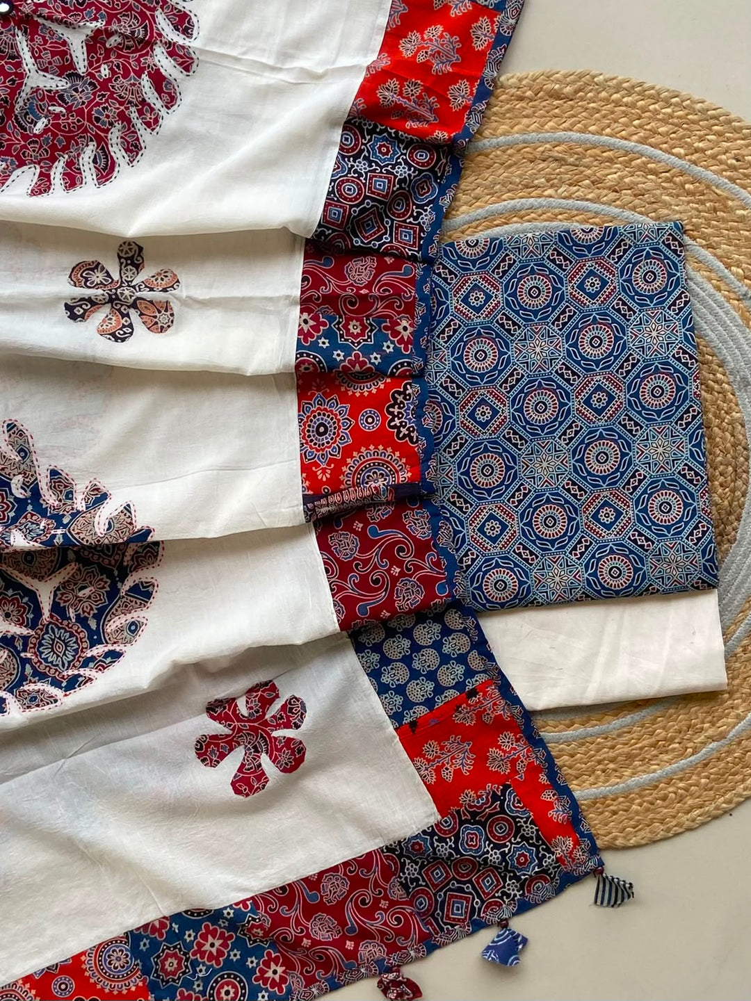 Pure Cotton Azrakh Print Unstitched Suit With Applique Work Dupatta
