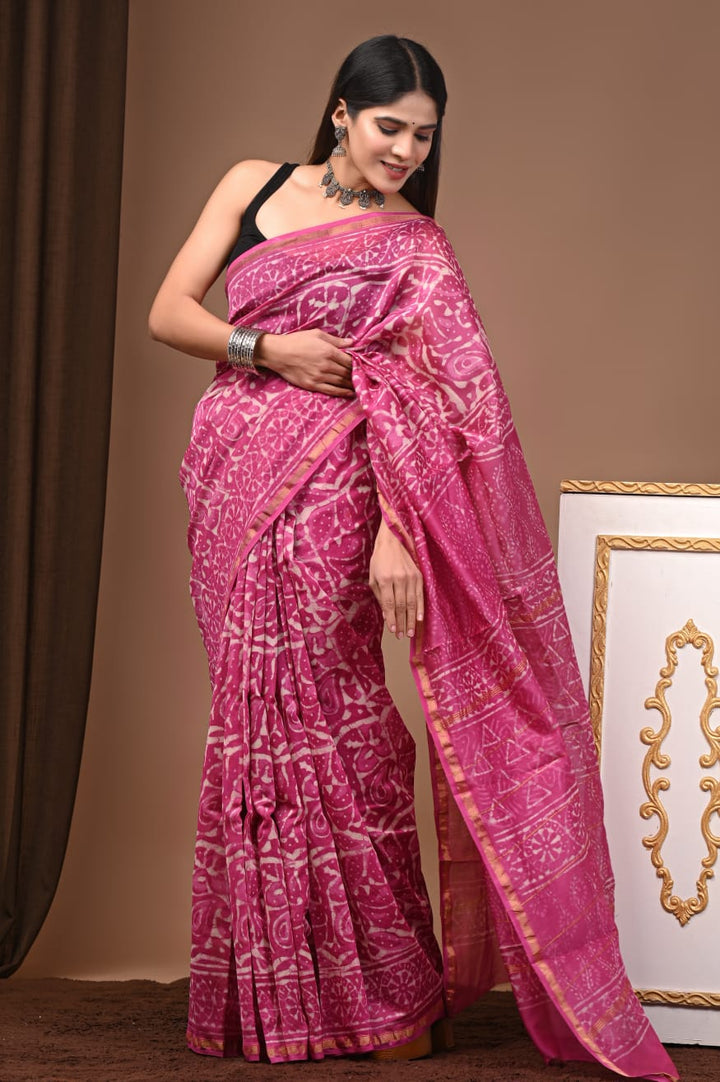 Hand Block Print Pure Chanderi Saree With Blouse .