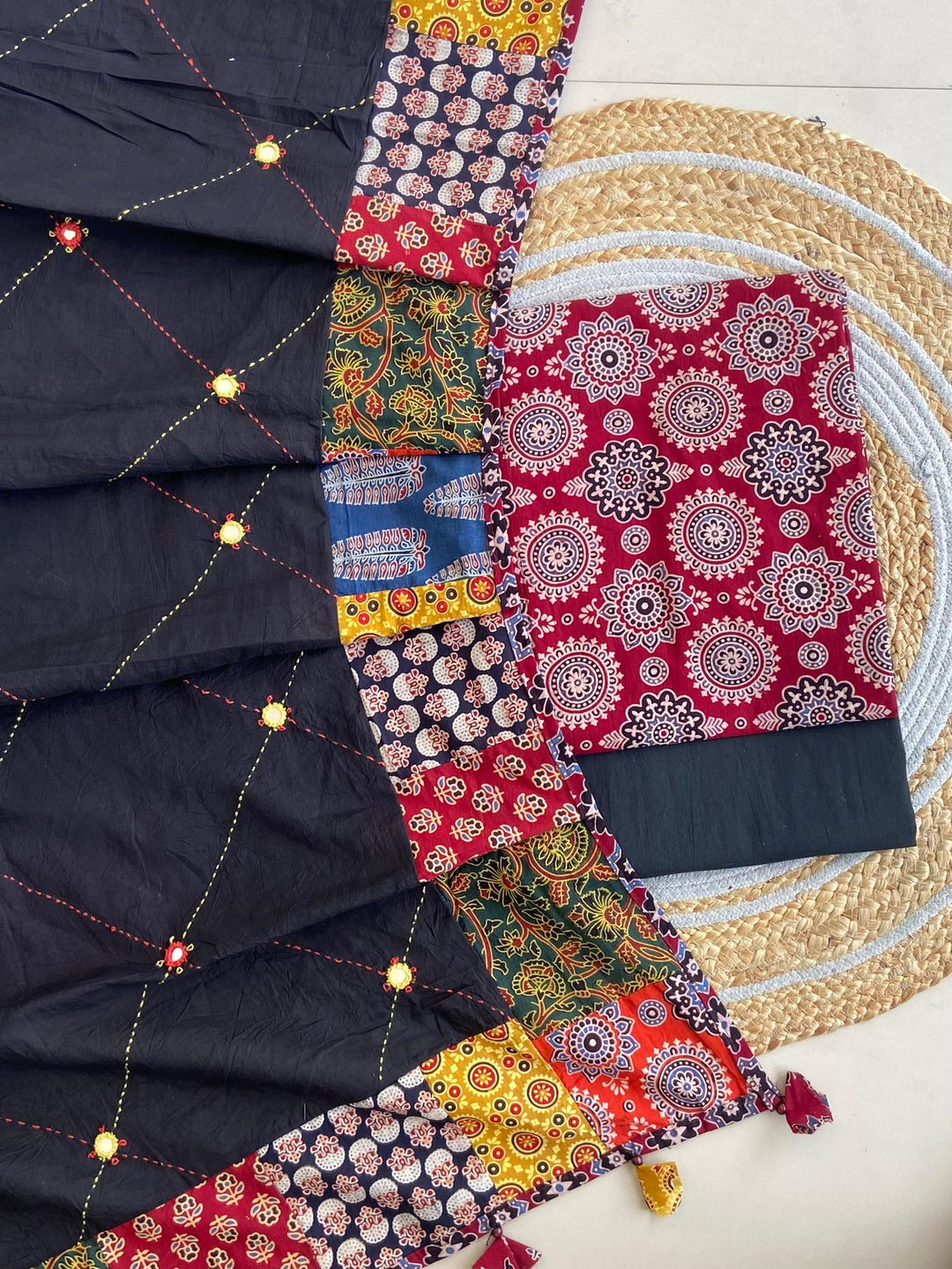 Pure Cotton Azrakh Print Unstitched Suit With Patch Work Dupatta