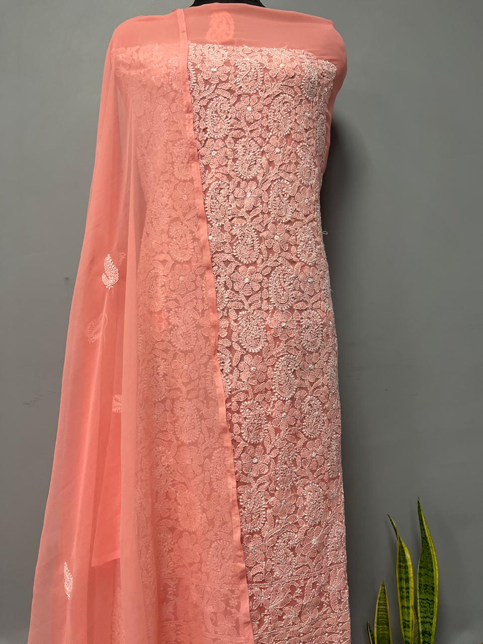Pure Chiffon Georgette Chikankari Hand Embroidery Unstitched Suit