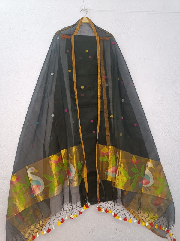 Pure Maslin Jamdani Weaved unstitched suit With Paithani Work .