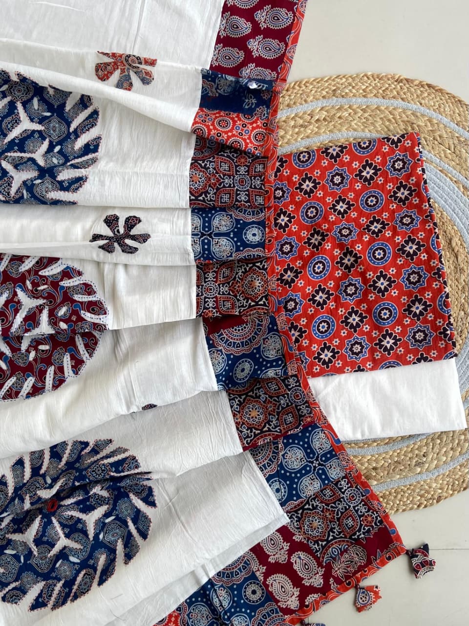 Pure Cotton Azrakh Print Unstitched Suit With Applique Work Dupatta