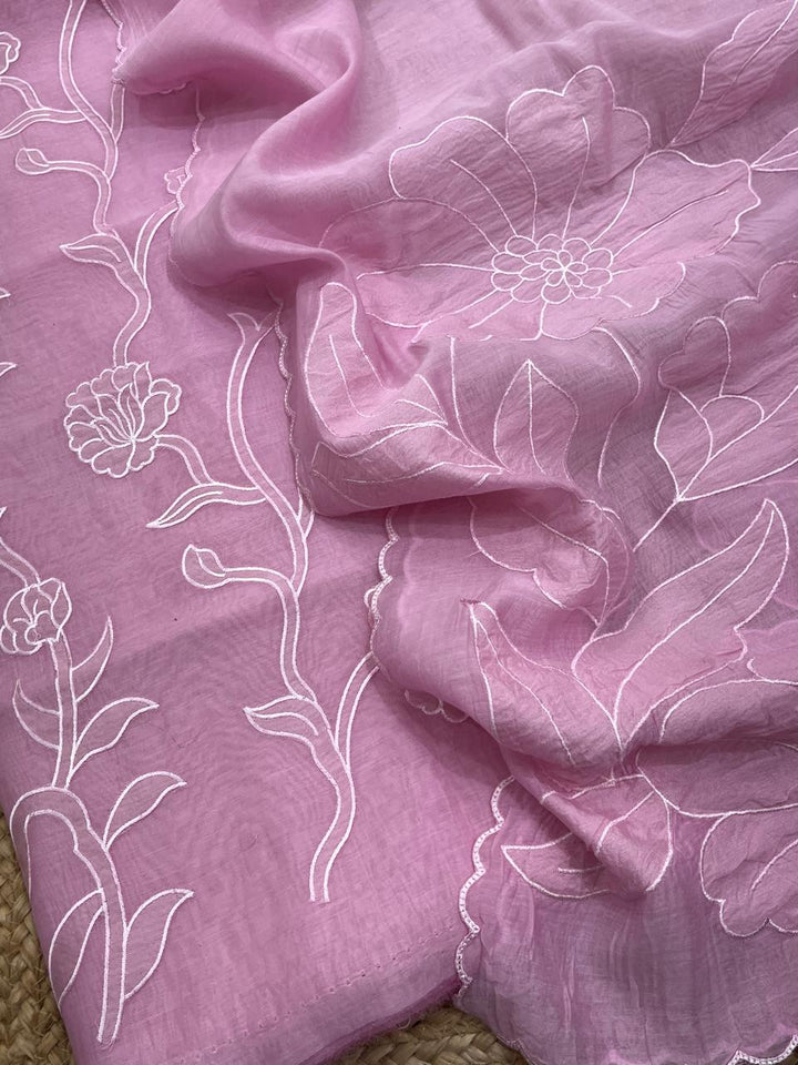 Pure Mul Chanderi Aplique Work Unstitched Suit With Chanderi Aplique Work Dupatta.