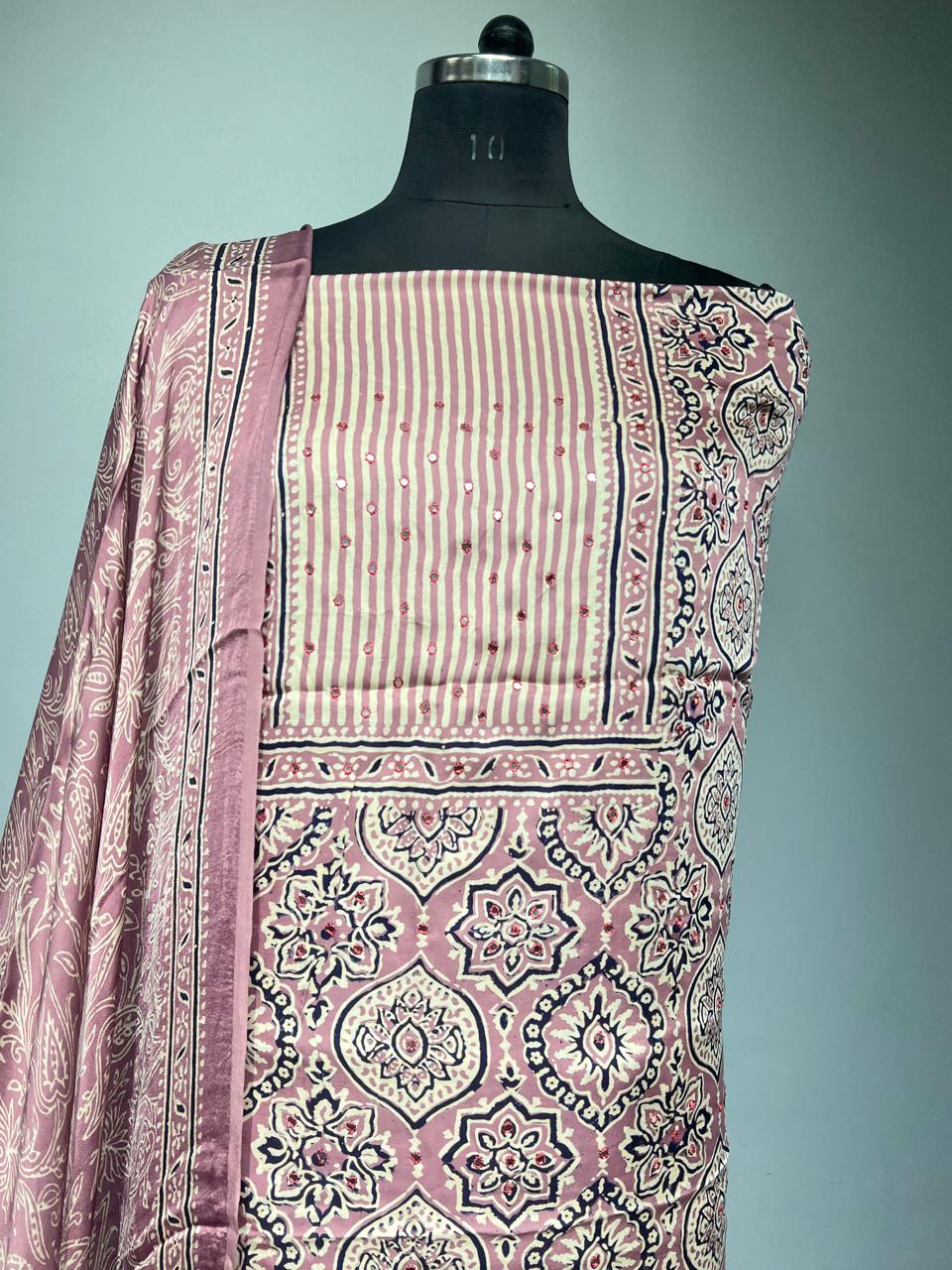 Pure Modal Silk Ajrakh Hand Block & Mirror Work Unstitched Suit .