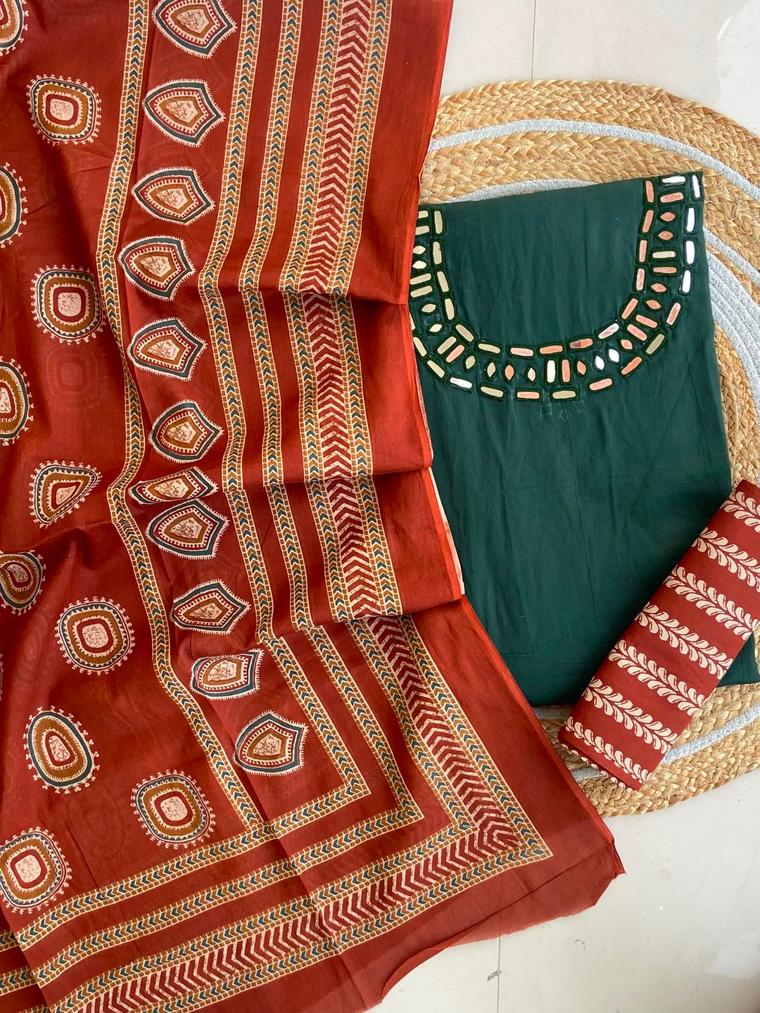 Pure Cotton Azrakh Print Unstitched Suit With heavy mirror work