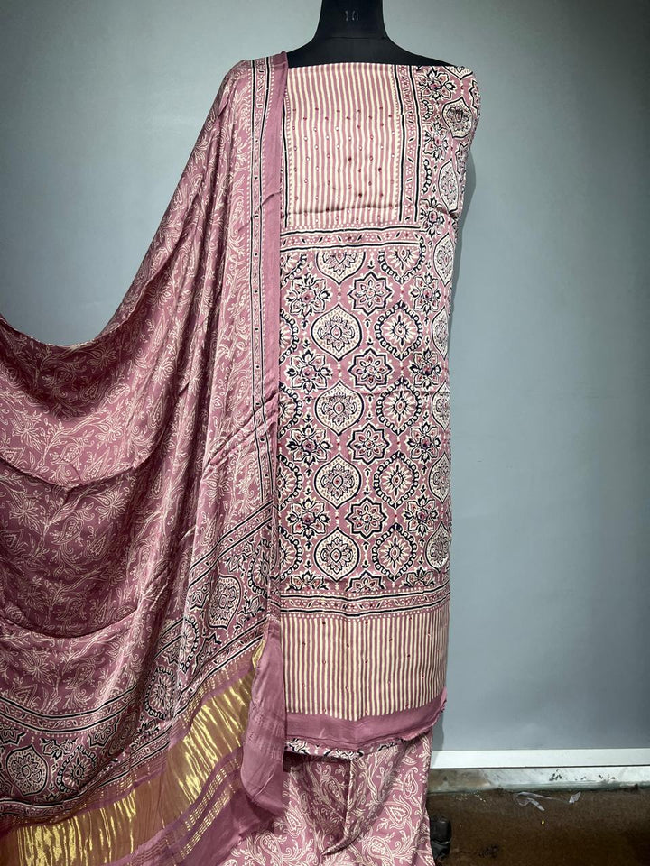 Pure Modal Silk Ajrakh Hand Block & Mirror Work Unstitched Suit .