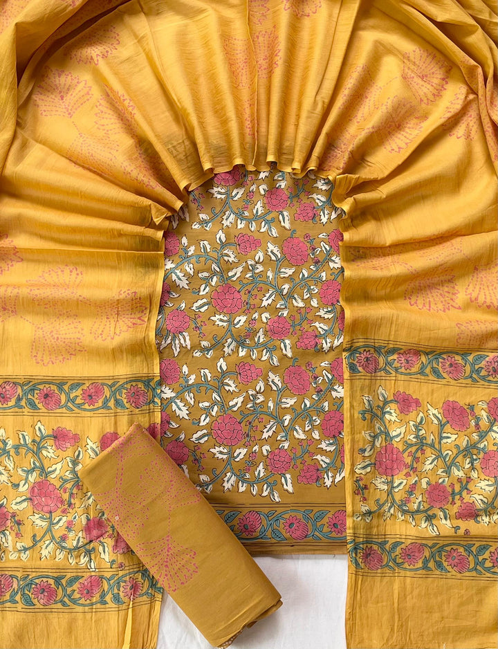 Pure Cotton Hand Block Print Unstitched Suit With Cotton Dupatta