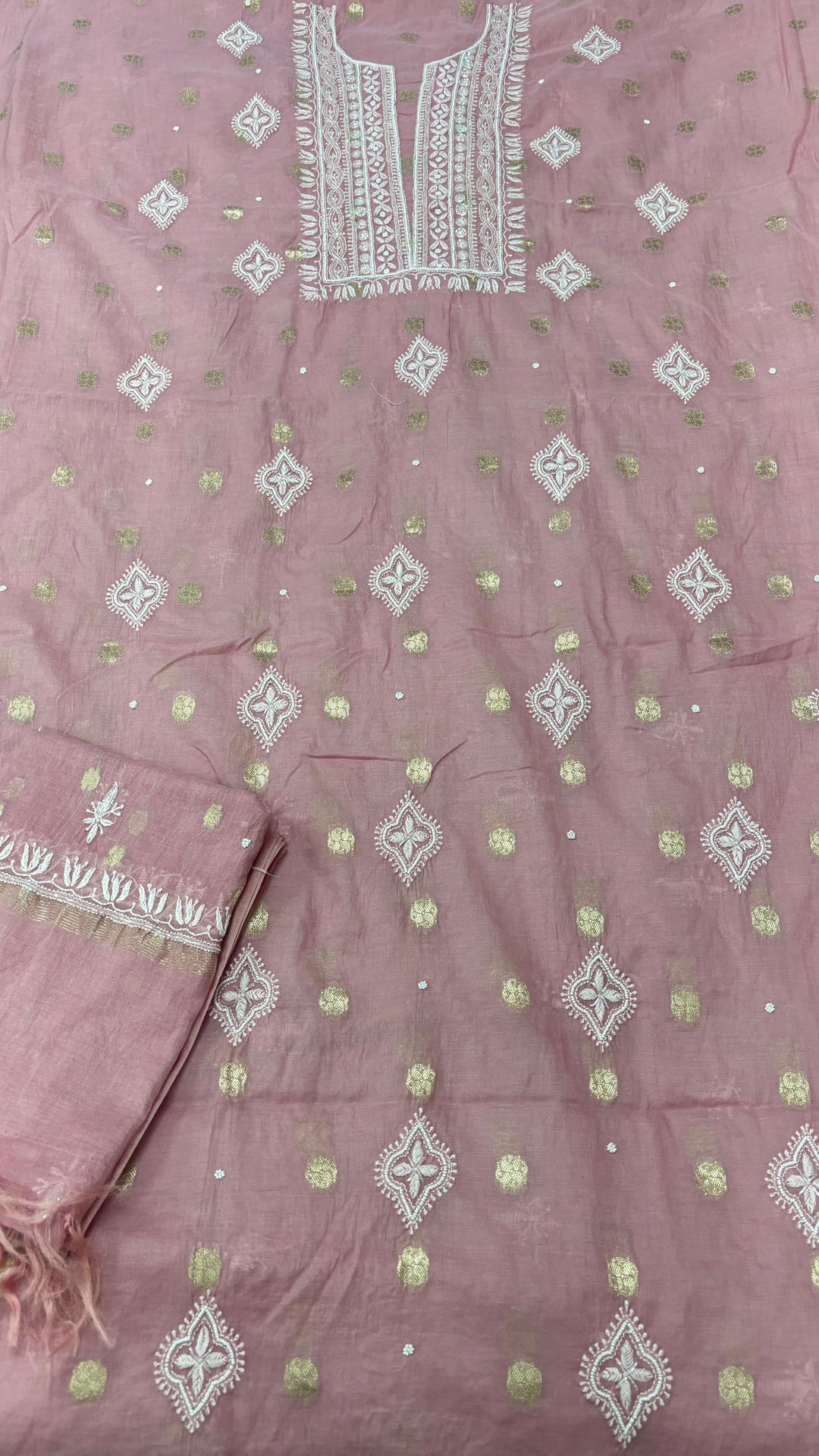 Pure Mul Chanderi Chakiankari Work Unstitched Suit with Pearl and Cutdana work .