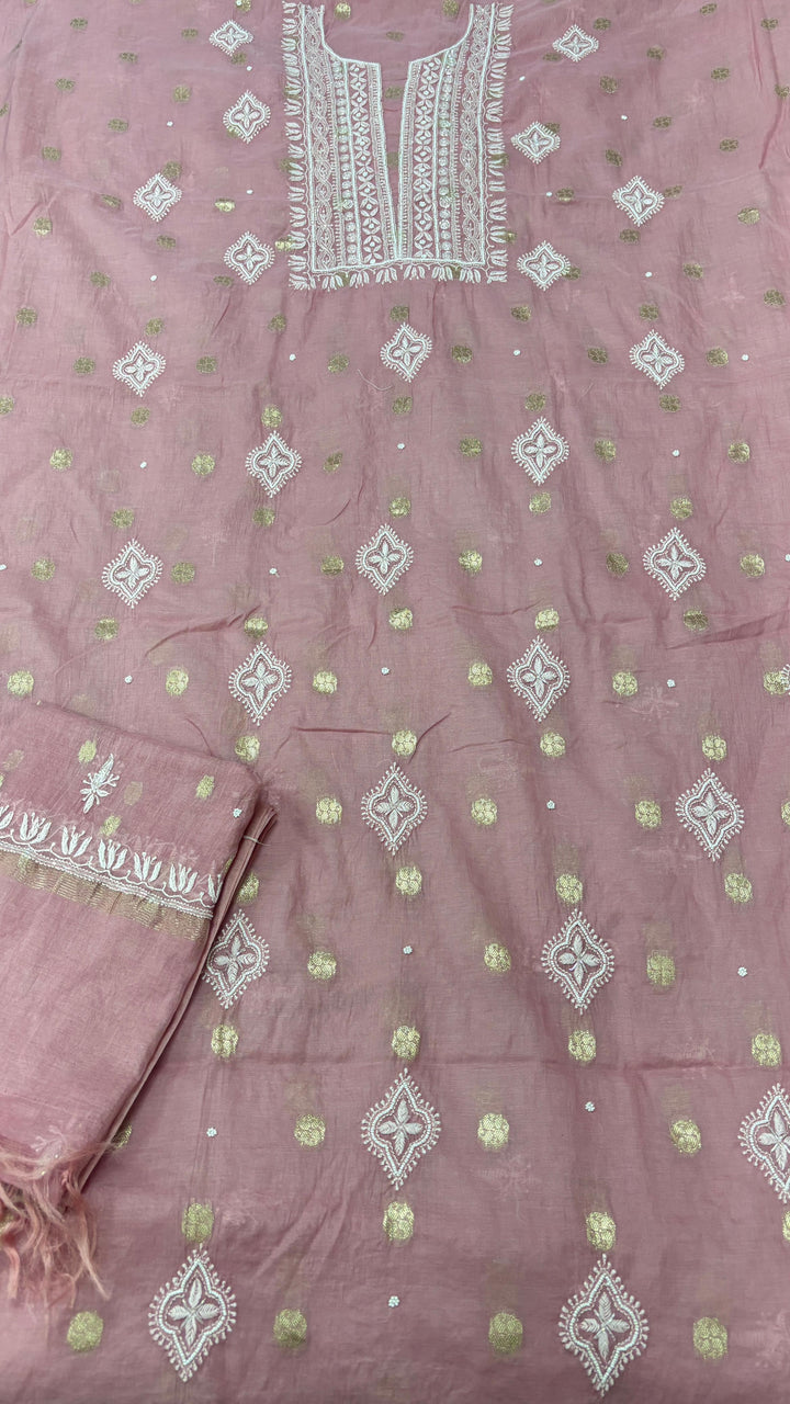 Pure Mul Chanderi Chakiankari Work Unstitched Suit with Pearl and Cutdana work .