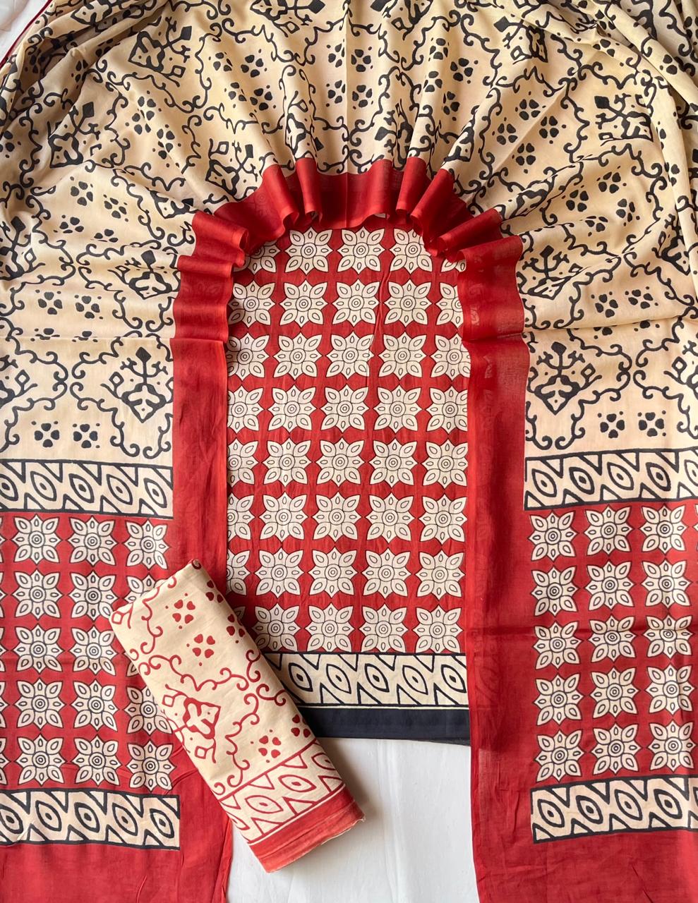 Pure Cotton Hand Block Print Unstitched Suit With Cotton Dupatta