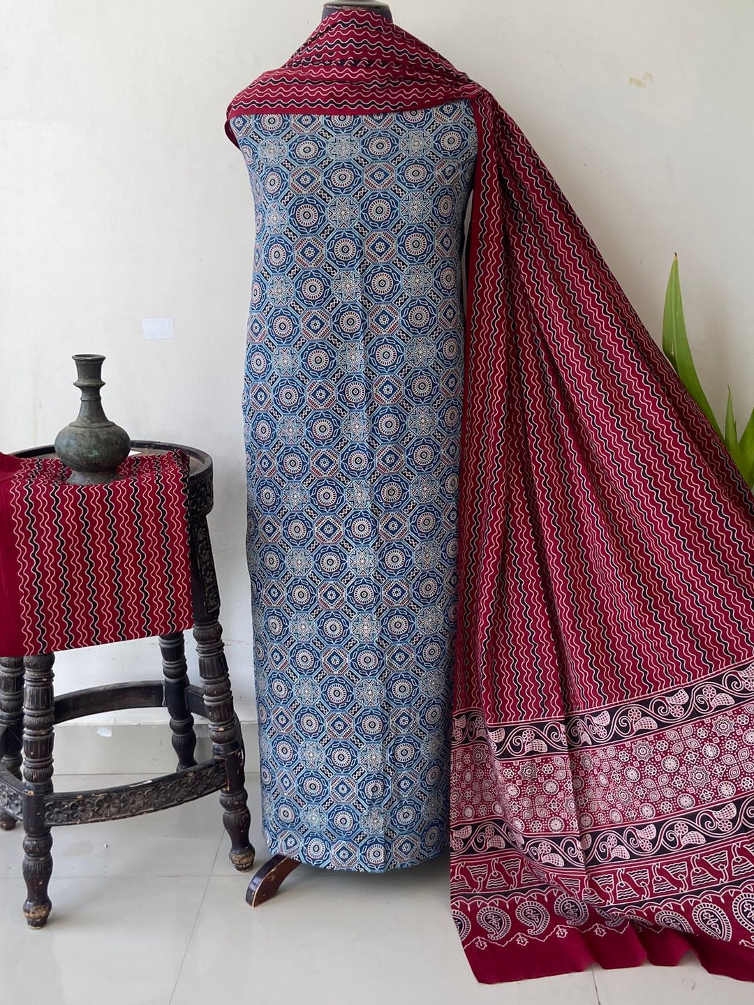 Pure Cotton Azrakh Print Unstitched Suit With  cotton Duppatta