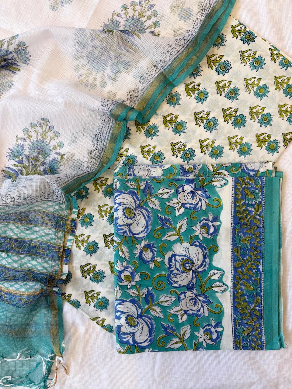 Pure Cotton Hand block print Unstitched Suit with Kota Dupatta