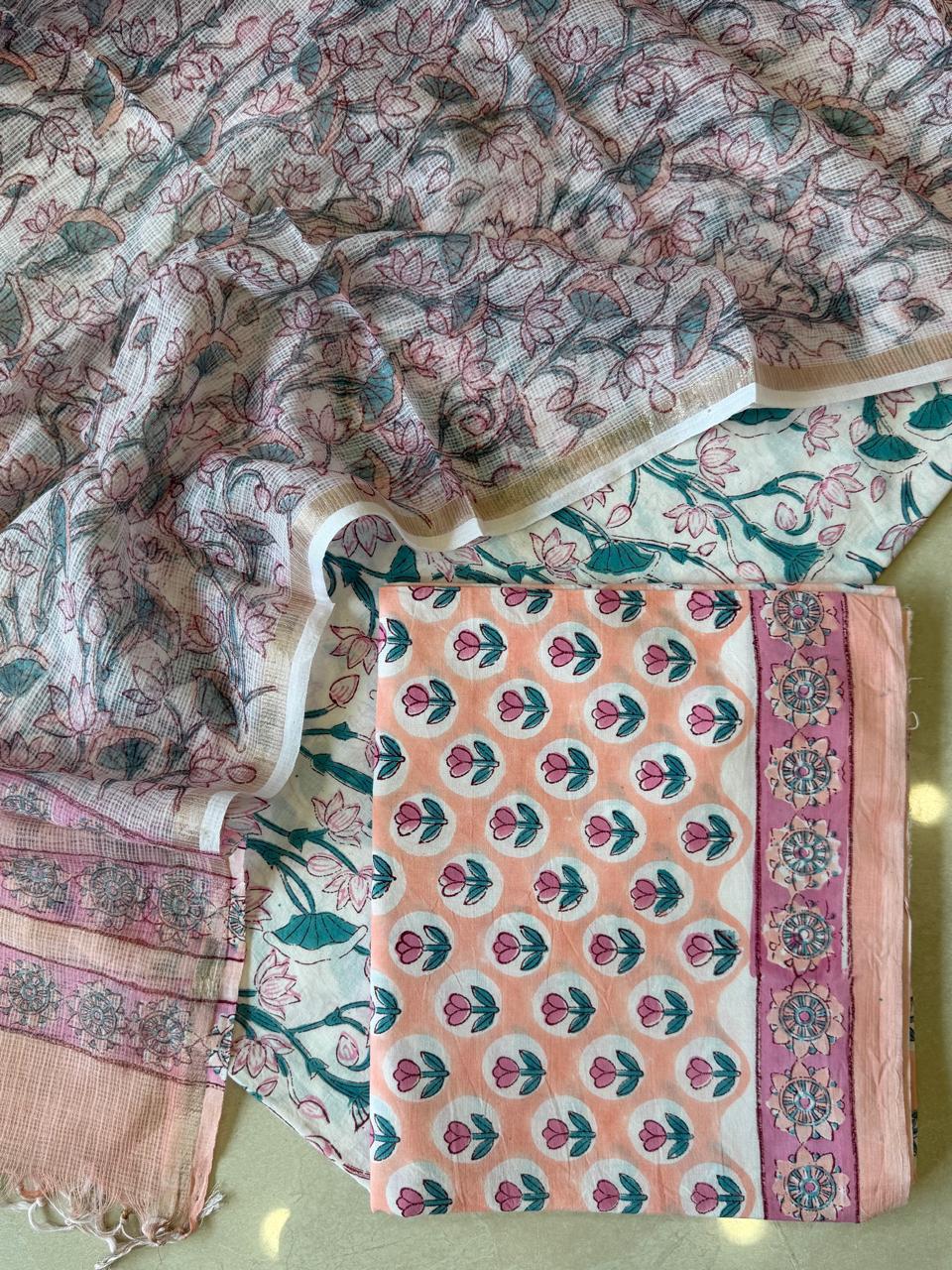 Pure Cotton Hand block print Unstitched Suit with Kota Dupatta