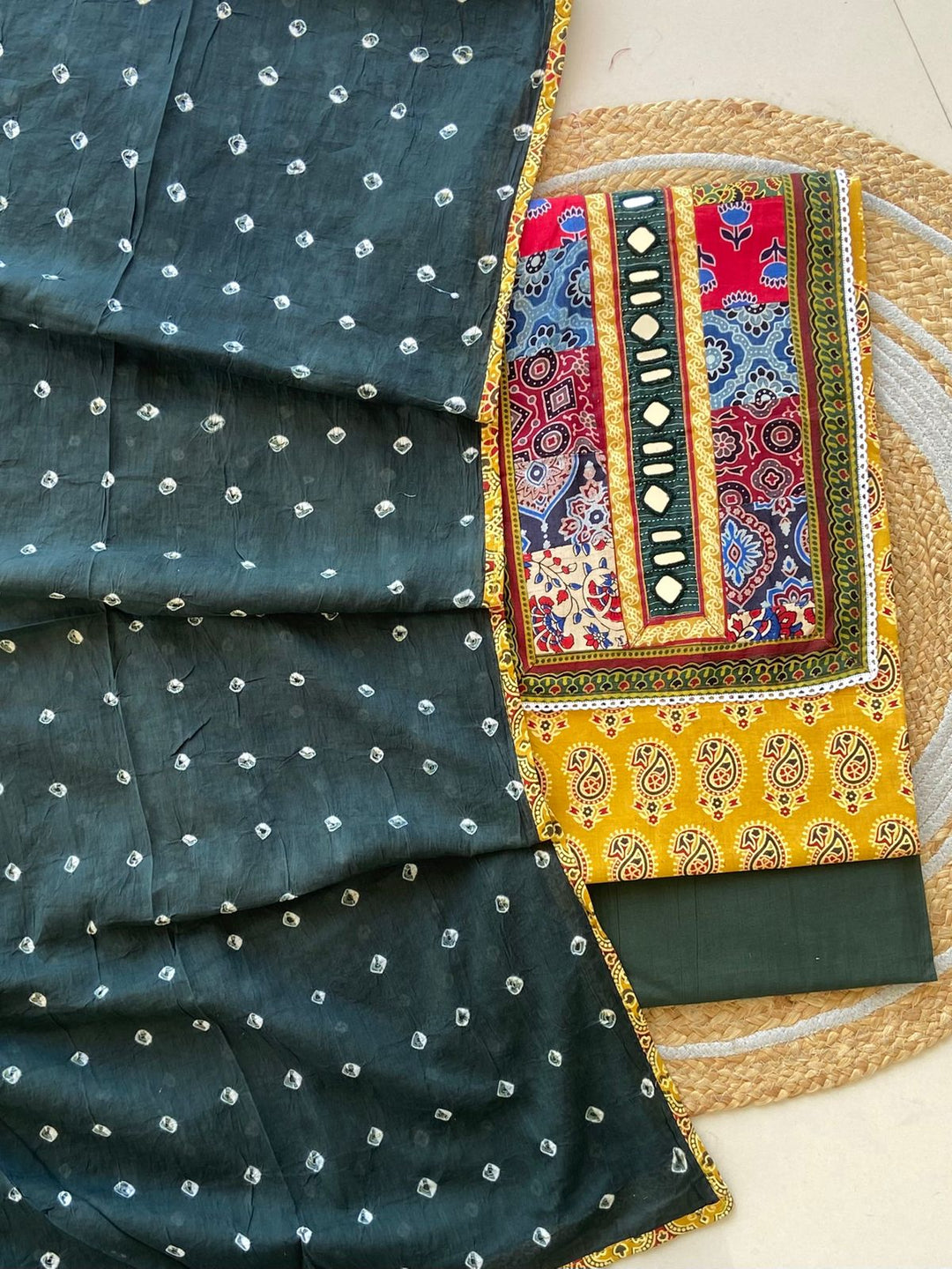 Pure Cotton Azrakh Print Unstitched Suit With Heavy Mirror Work