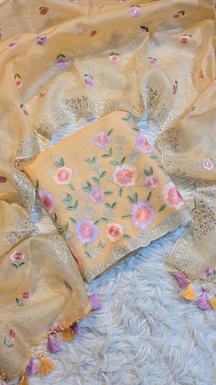 Pure Banarasi Organza Silk Embroidery Unstitched Suit.