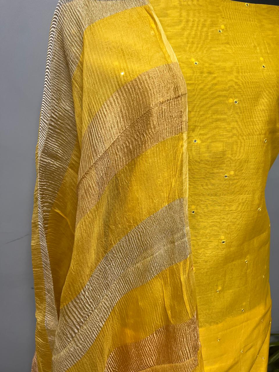 Exclusive Pure Banarasi Chanderi Silk Unstitched Suit with Organza Crushed Tissue Stripe Dupatta