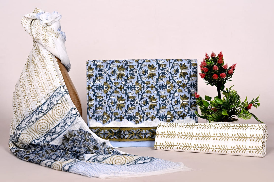 Pure Cotton Hand Block Print Unstitched Suit With Chiffon Dupatta
