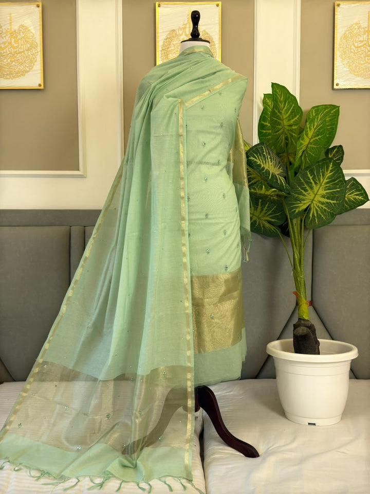 Banarasi Mul Chanderi Embroidery Work Unstitched Suit With  Mirror Embroidery Dupatta