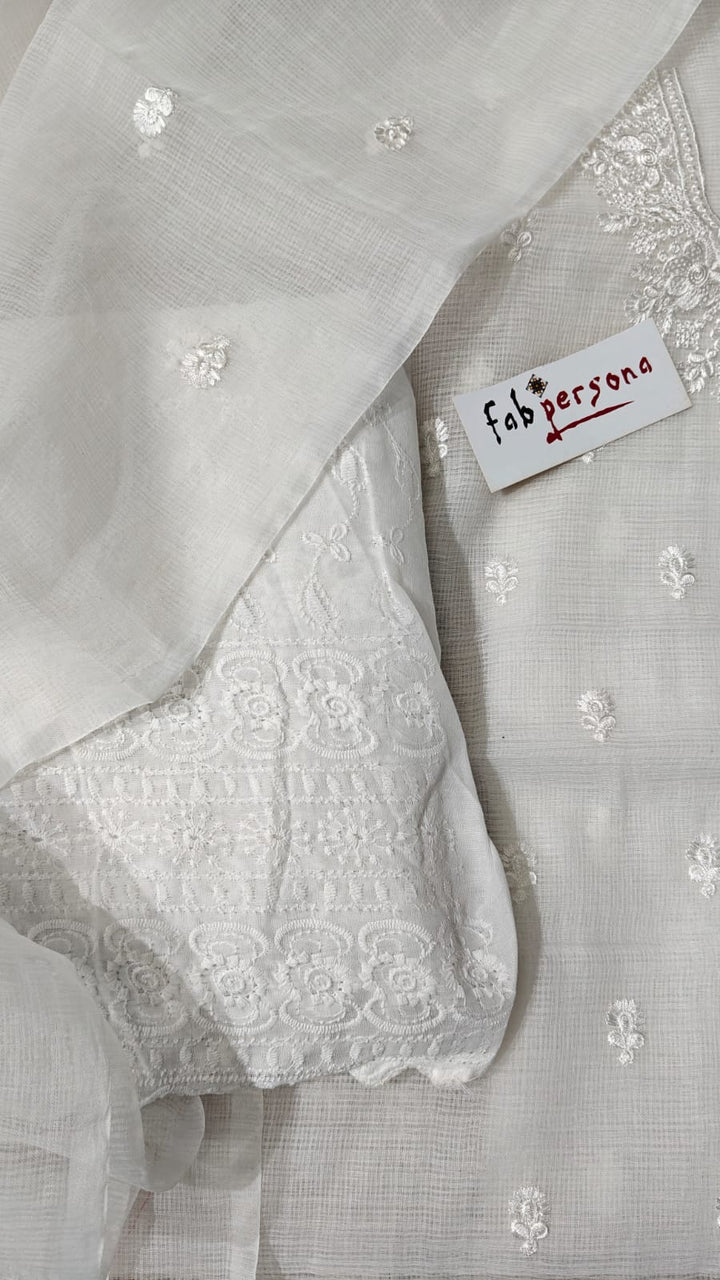 Pure Kota Doriya Embroidery Work Unstitched Suits With Kota Doriya Dupatta & Chikankari Bottom .
