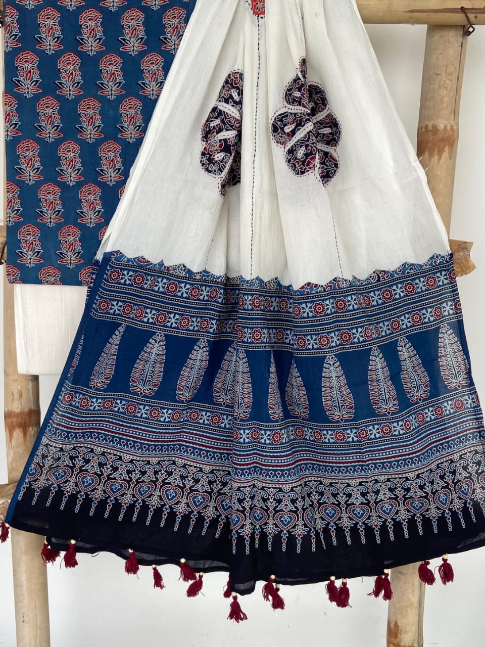 Pure Cotton Azrakh Print Unstitched suit Whit Patch Work Dupatta .