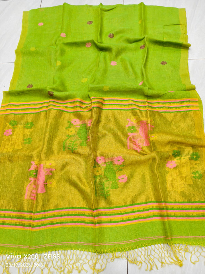 Pure Handloom Linen Jamdani Saree With Boluse.