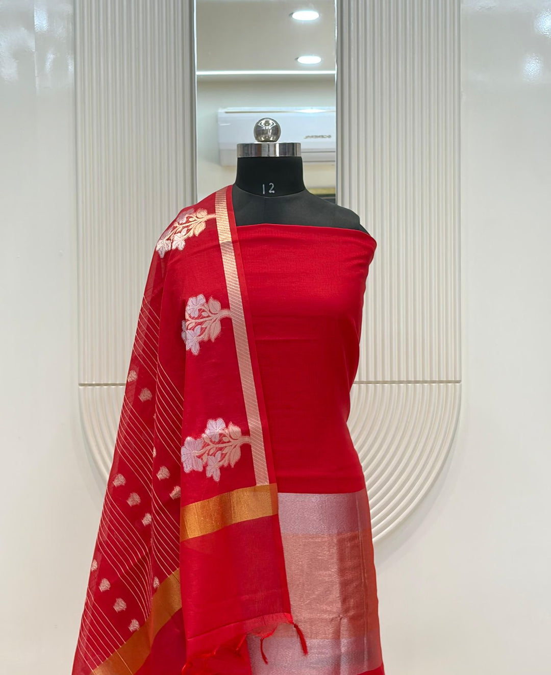 Pure Banarasi Mul Chanderi Silk Unstitched Suit With Zari weaved Palla