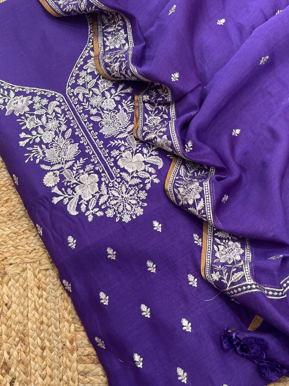 Pure Banarasi Resham Mul Chanderi Silk Embroidery Work Unstitched Suit