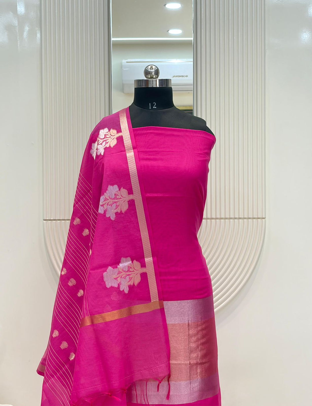 Pure Banarasi Mul Chanderi Silk Unstitched Suit With Zari weaved Palla