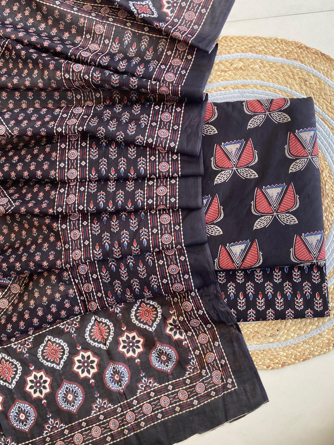 Pure Cotton Azrakh Print Unstitched Suit With  mul cotton  Duppatta