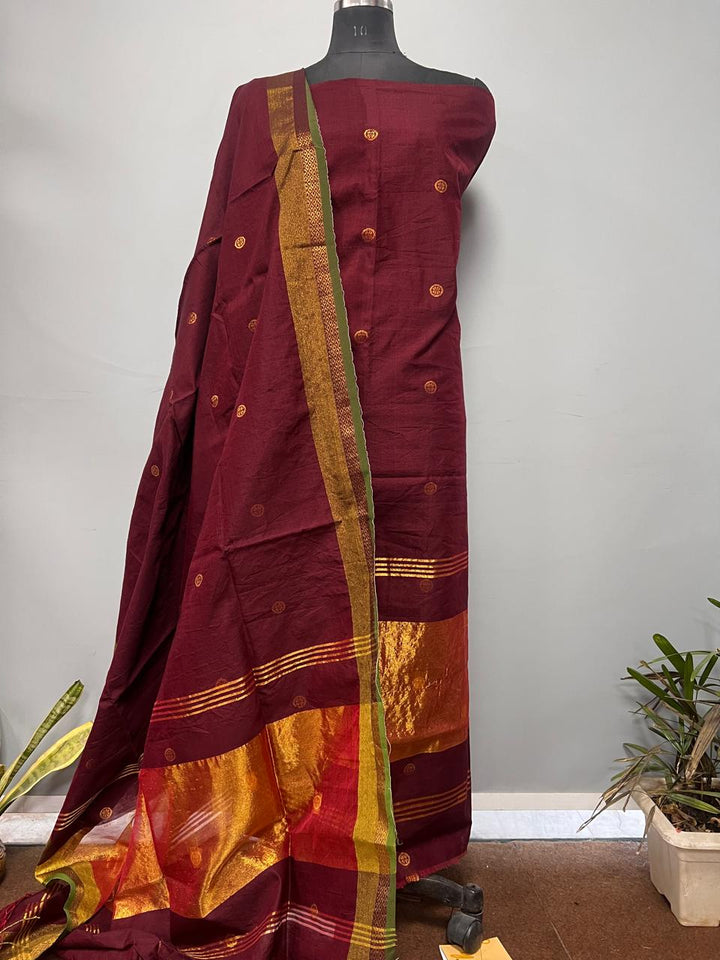 Pure Maheshwari Silk Hand Loom Unstitched Suit.(2pc Set)